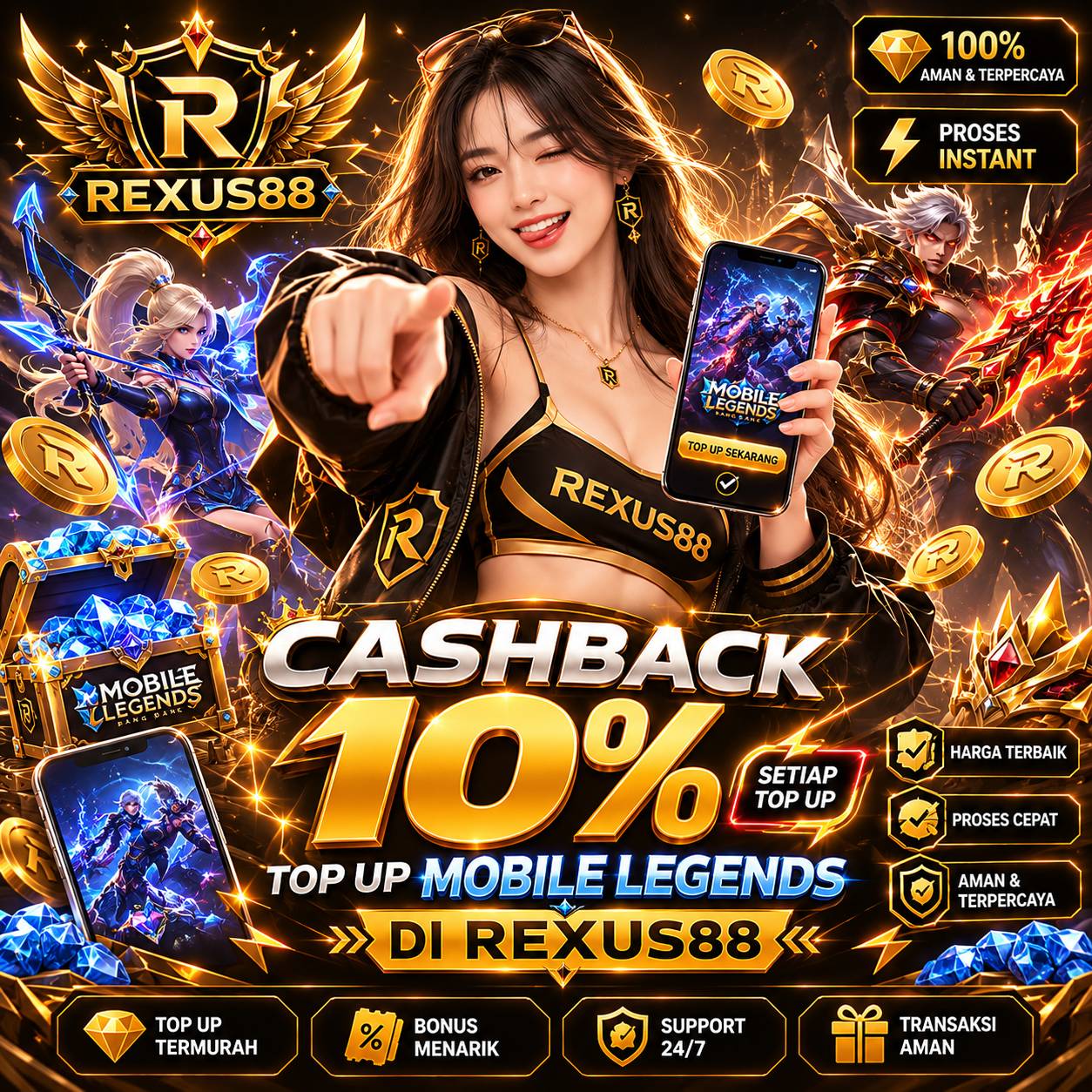 Promo cashback 10 persen top up Mobile Legends di REXUS88